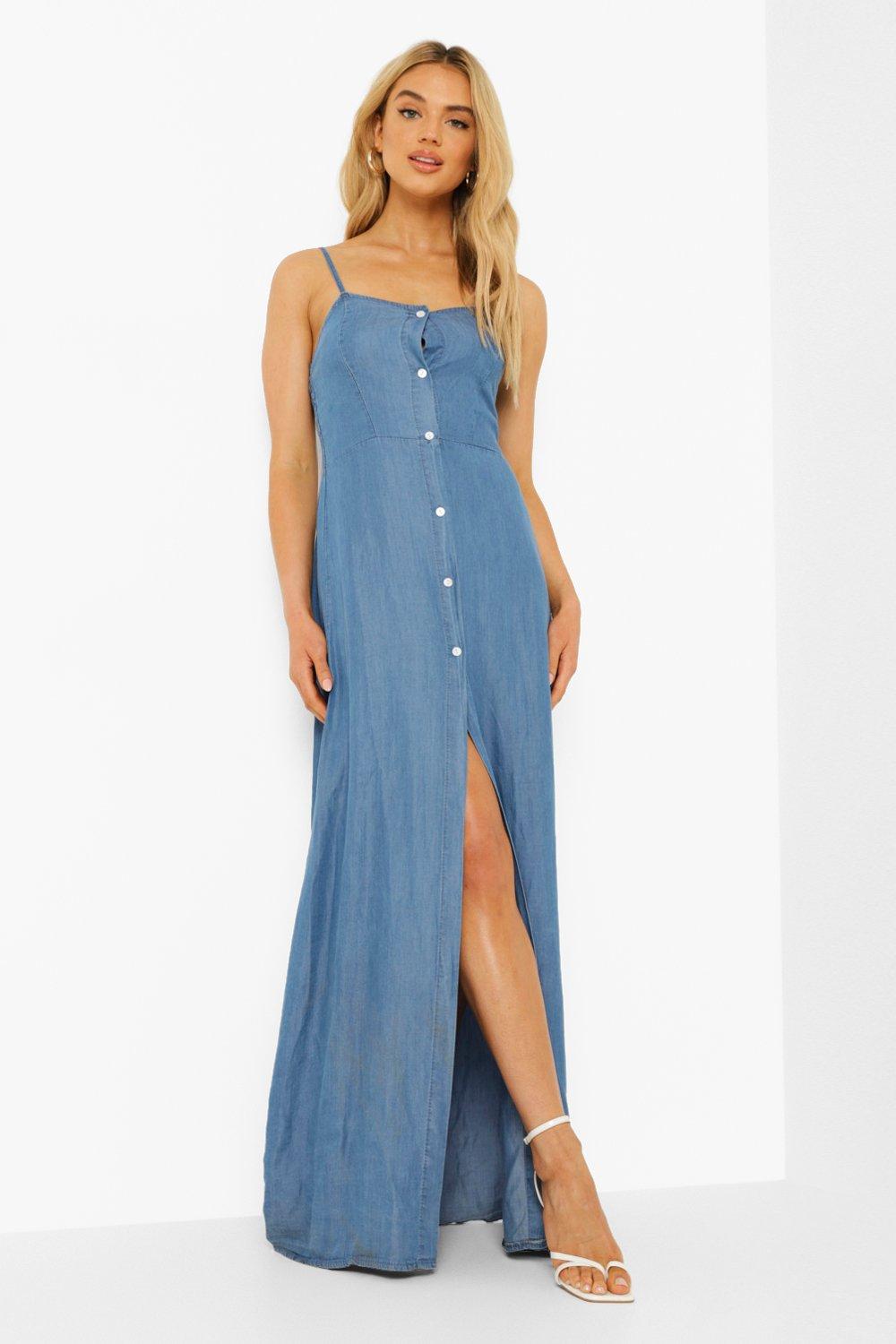 Button Front Split Denim Maxi Dress